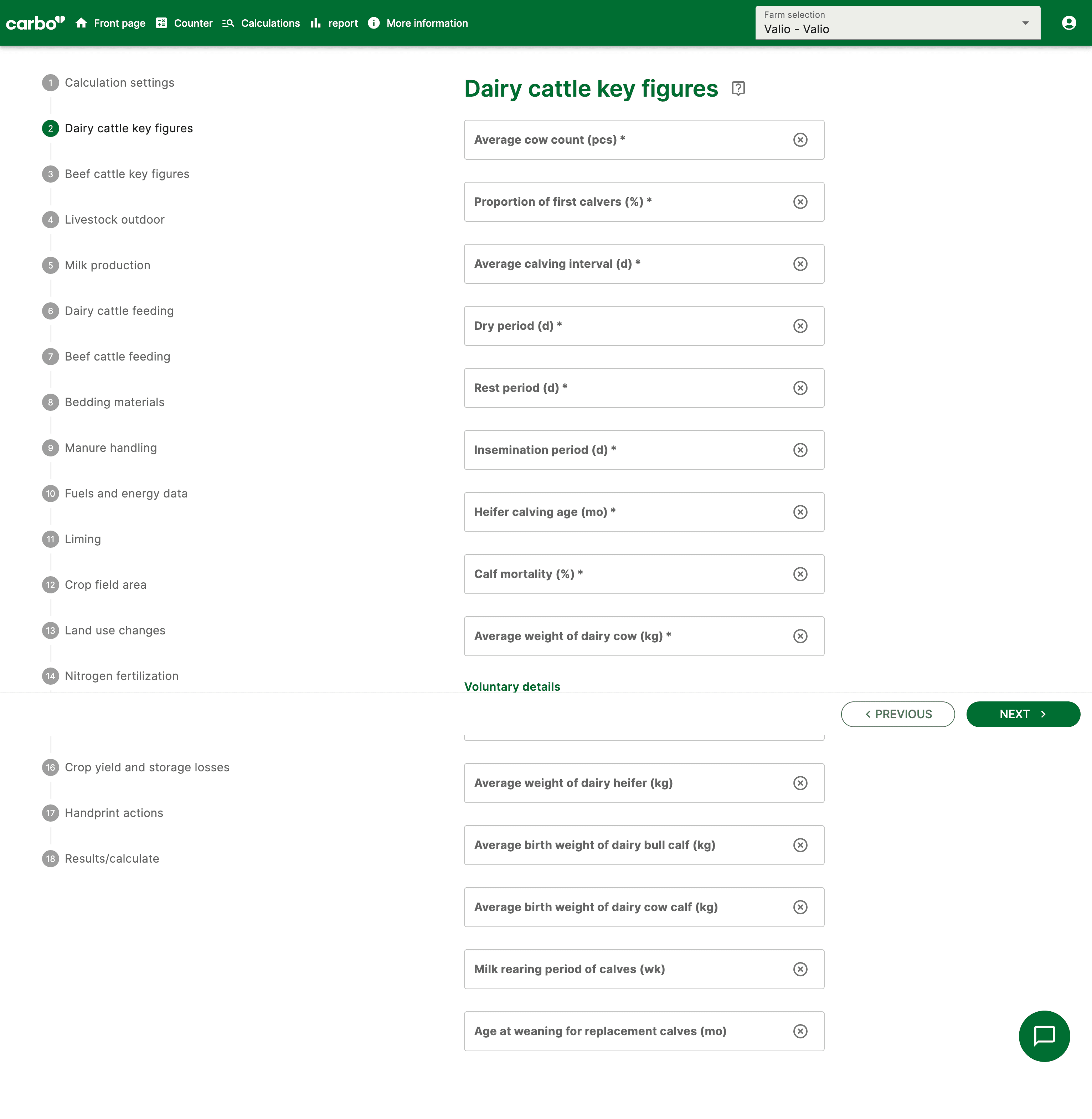 Carbo calculator dairy cattle key figures input screen showing herd composition fields.
